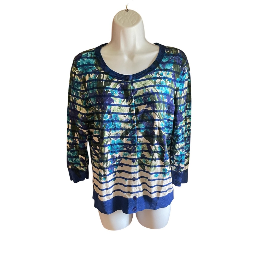 Talbots Womens‎ Medium Cardigan Floral Striped 3/4 Sleeve Button Front